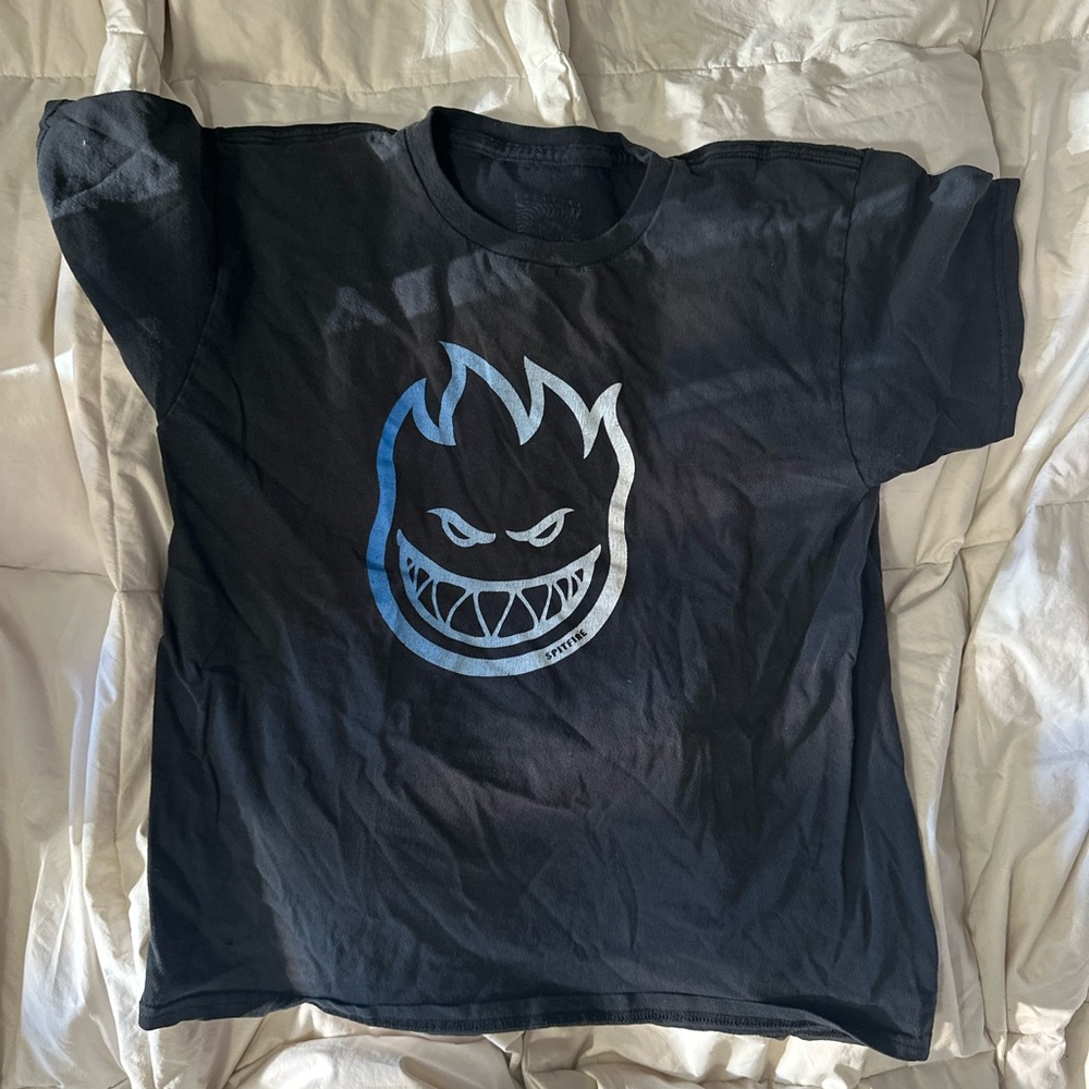 Spitfire Black Tee with Blue Flame Graphic